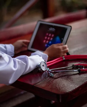 doctor using technology to review data